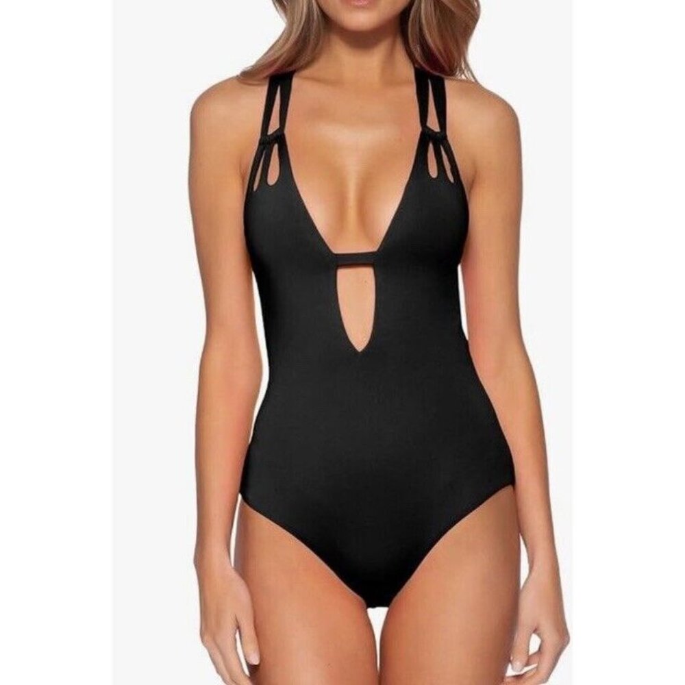 Becca Sz S Swimsuit Skylar Plunge One Piece Black Classic Resort Retro Boho chic